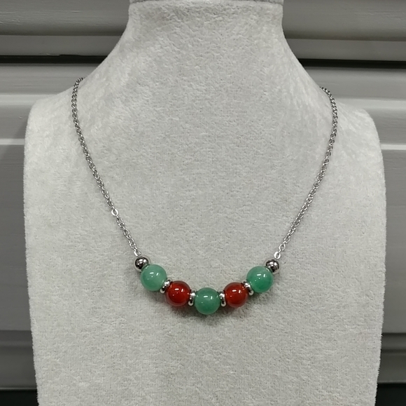 Red Carnelian Green Aventurine Natural Gemstone Necklace Stainless-Steel Crystal - Picture 4 of 13